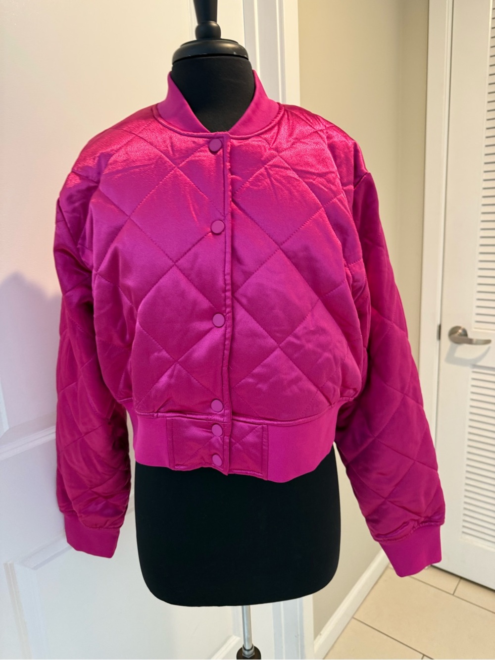 AKIRA Quilted Satin Bomber Jacket in Magenta